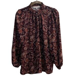 LOFT Autumn Brown Paisley Floral Women’s Small Petite Long Sleeved Blouse Boho
